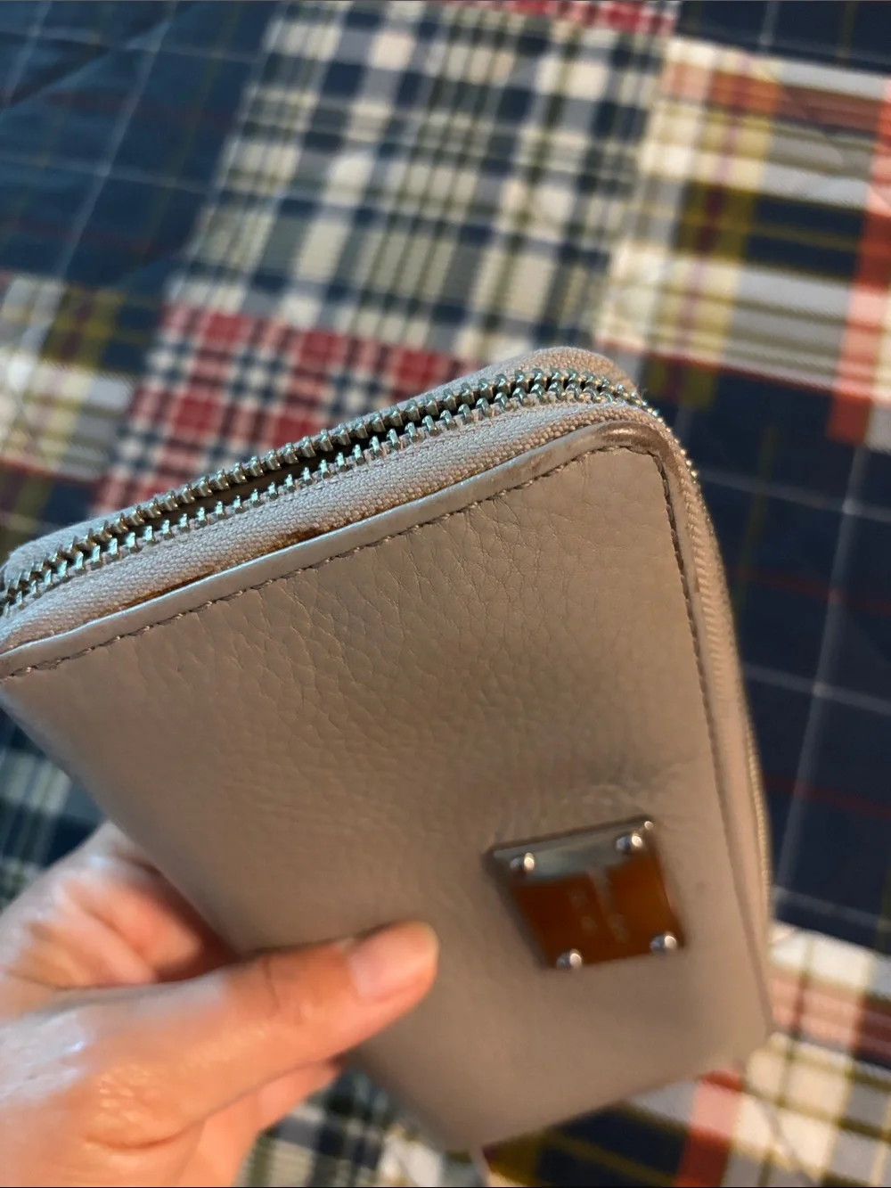 Michael Kors Gray Leather Zip Wallet with Metal Logo Plaque